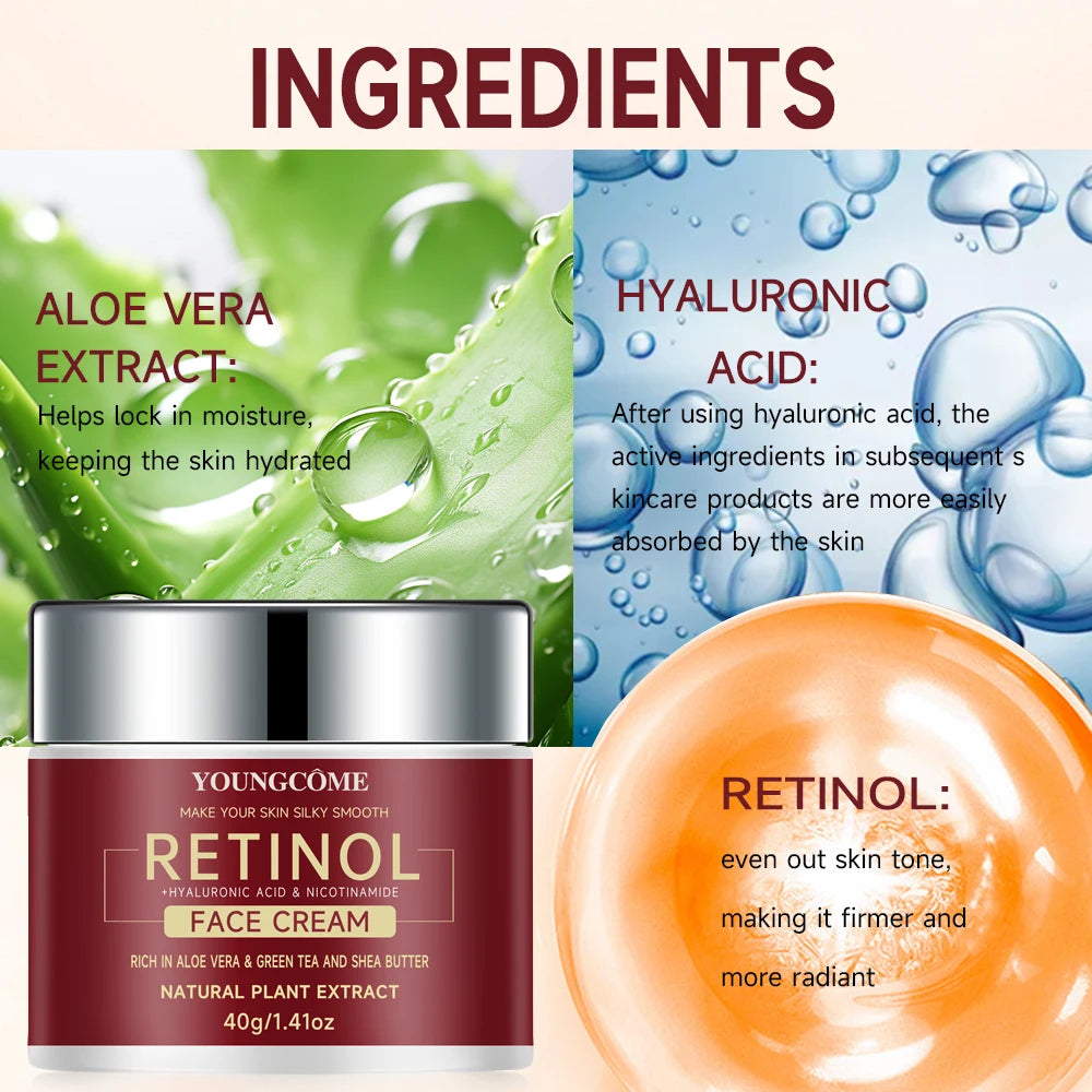"YOUNGCOME Retinol + Hyaluronic Acid + Aloe Cream SAMPLE - 3-in-1 Anti-Aging Moisturizer 40G"