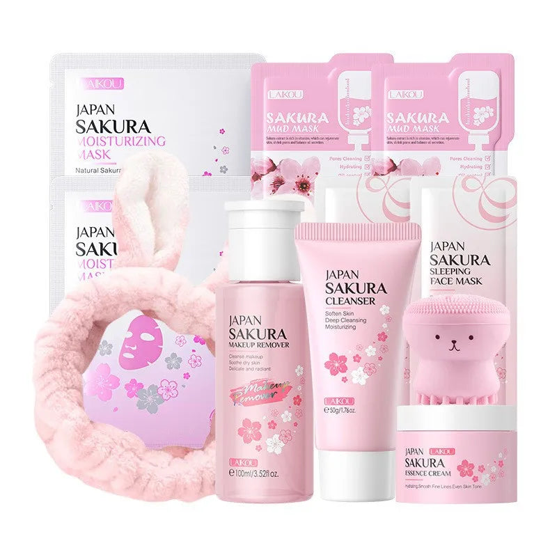 Korean Sakura Skincare Set Hydration Moisturize Cleanse Pores Sunscreen Protection Cosmetic Beauty