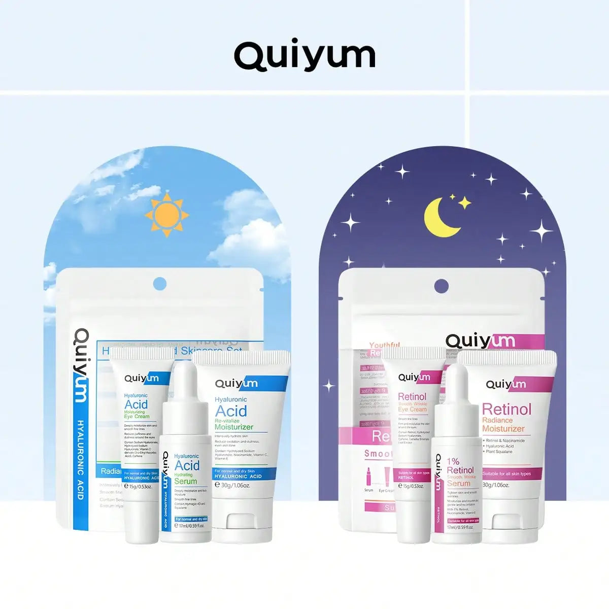 QUIYUM Retinol+Hyaluronic Acid Wrinkle Skincare Set Smooth Wrinkles & Fine Lines Improve Skin Elasticity & Radiance