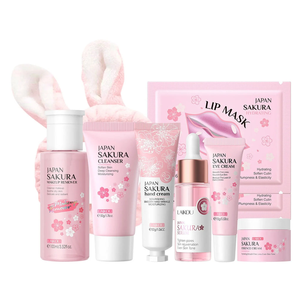Korean Sakura Skincare Set Hydration Moisturize Cleanse Pores Sunscreen Protection Cosmetic Beauty