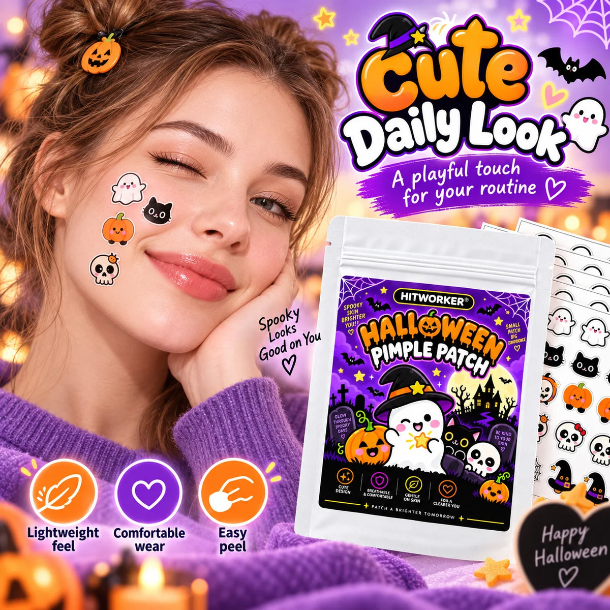 40/160Pcs Halloween Patches, Cute Halloween Shapes Pimple Patches, Hydrocolloid Spot Stickers for Face, Halloween Party Skin Car