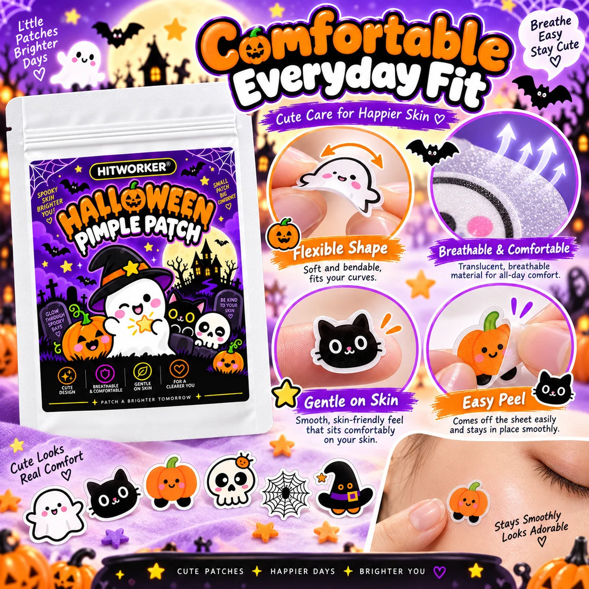 40/160Pcs Halloween Patches, Cute Halloween Shapes Pimple Patches, Hydrocolloid Spot Stickers for Face, Halloween Party Skin Car