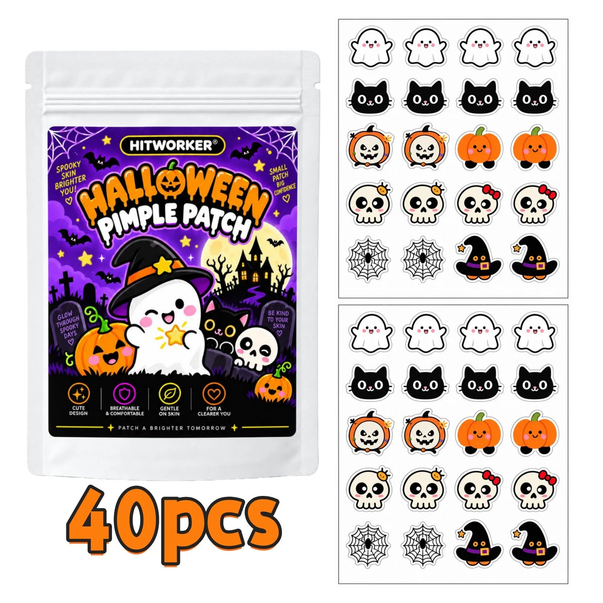 40/160Pcs Halloween Patches, Cute Halloween Shapes Pimple Patches, Hydrocolloid Spot Stickers for Face, Halloween Party Skin Car