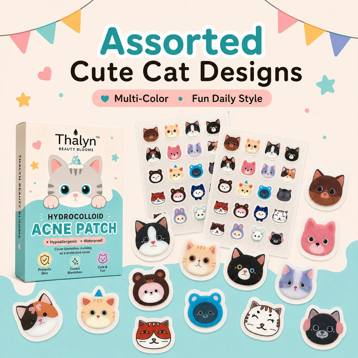 140PCS Cartoon Cat Face Acne Patches Cute Pimple Cover Stickers Decorative Skin Care Patches for Makeup