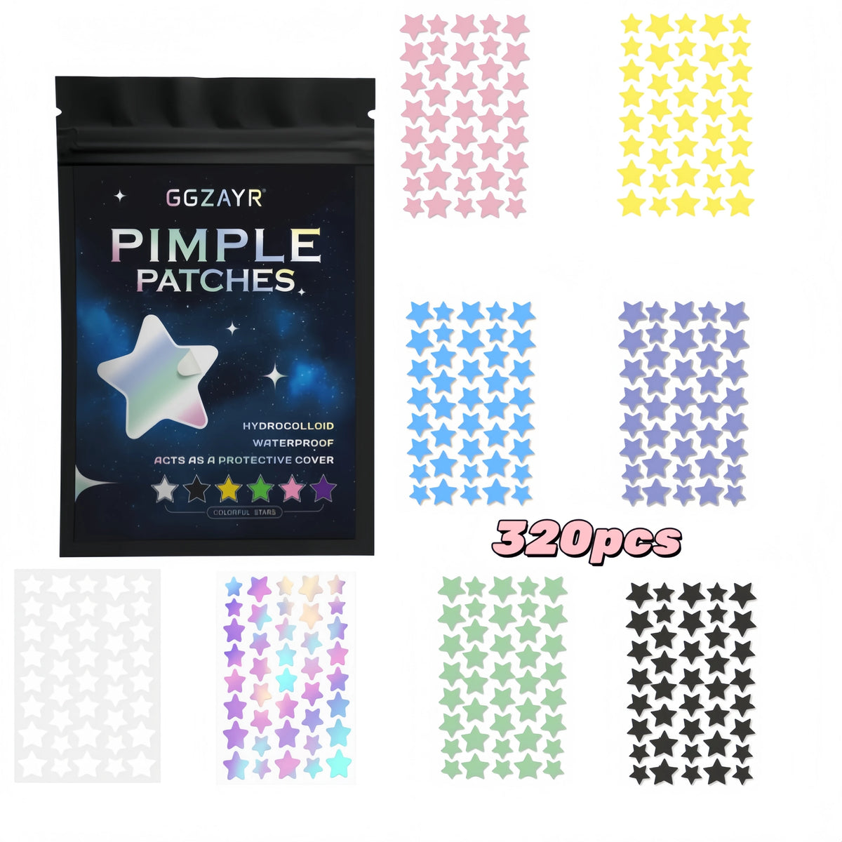 320/1280/1600pcs 8 Color Star Patches, Multi-Size Hydrocolloid Acne Covers for Men Women All Skin Types
