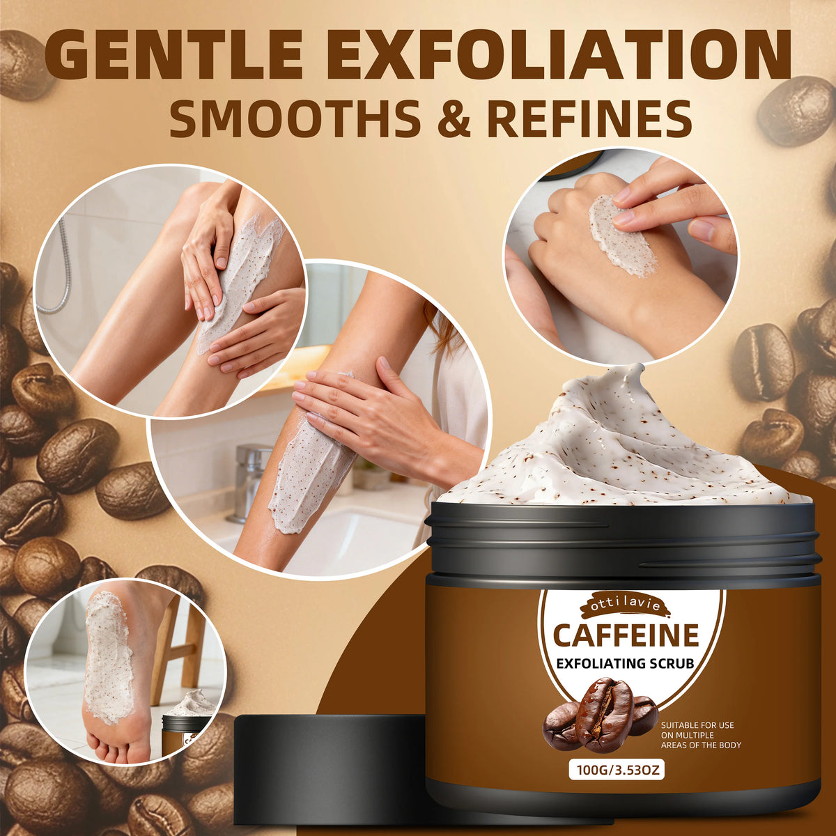 Ottilavie Caffeine Exfoliating Scrub, Gentle Exfoliating Deep Cleansing For Hands, Feet & Body, Daily Skincare Routine