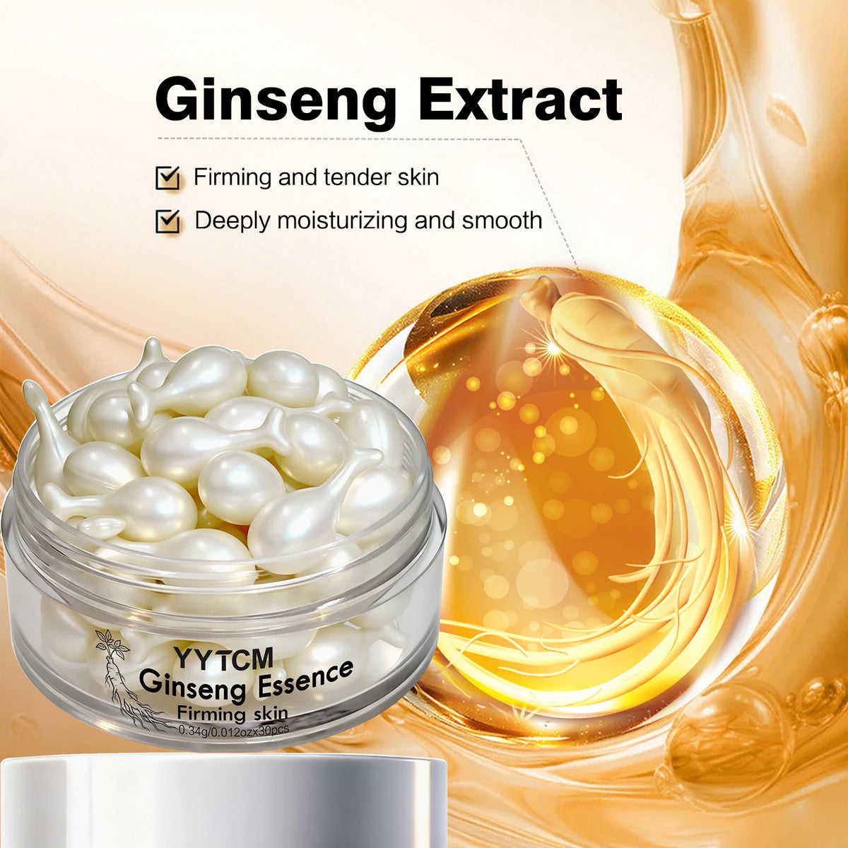 Ginseng Essence Capsules, Moisturizing and Firming Essence Serum, Contains Squalane, Niacinamide, Vitamin E, Retinol, Deep Hydration (0.34Gx30 Capsules)/Bottle-1 Bottle