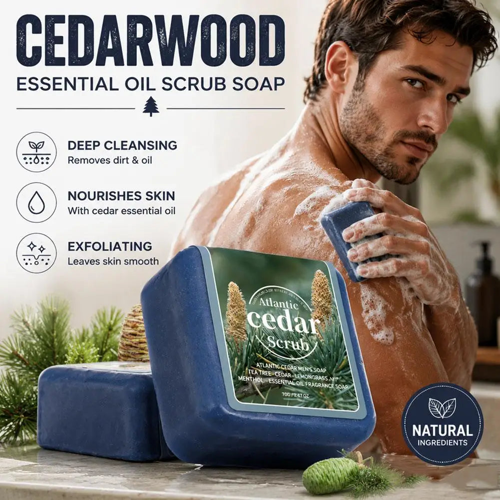 Atlantic Cedar Men's Soap 70g Natural Essential Oil Scrub Bar Deep Cleansing Wood Fragrance Handmade Bath Body Wash