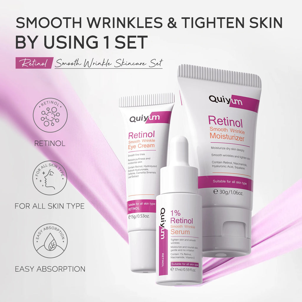 QUIYUM Retinol+Hyaluronic Acid Wrinkle Skincare Set Smooth Wrinkles & Fine Lines Improve Skin Elasticity & Radiance