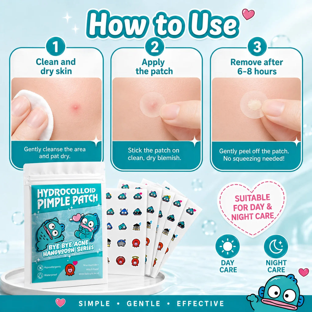 20/100pcsHangyodon Cute Character Pimple Patches Hydrocolloid Acne Spot Cover, Invisible Cartoon Face Care Stickers