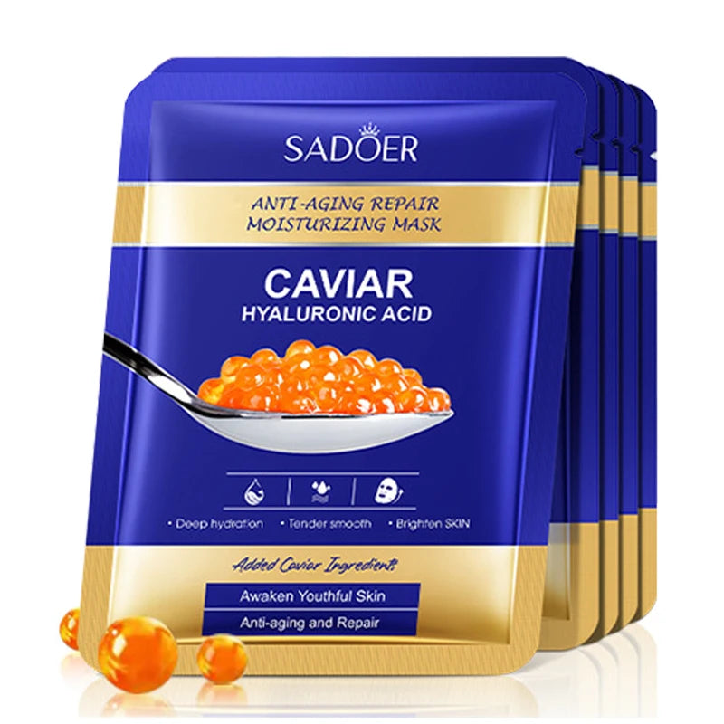 5pcs SADOER Caviar Hyaluronic Acid Moisturizing Facial Masks Brightening Firming Hydrating Face Mask Facial Skin Care Products