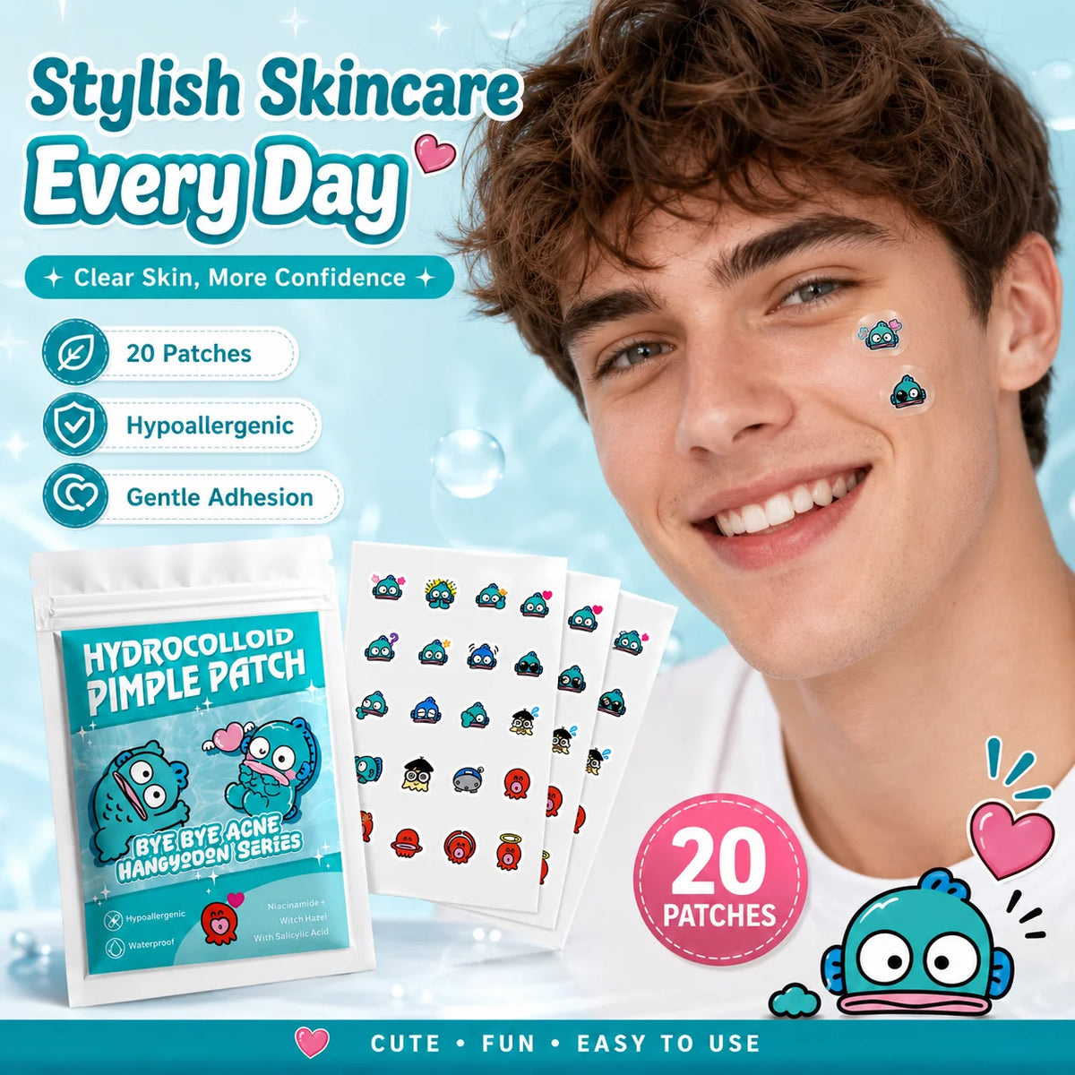 20/100pcsHangyodon Cute Character Pimple Patches Hydrocolloid Acne Spot Cover, Invisible Cartoon Face Care Stickers