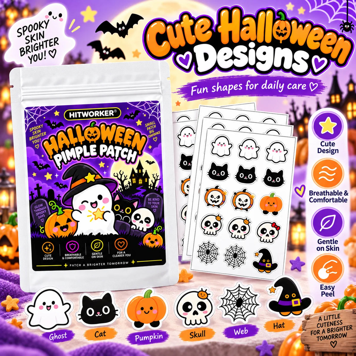 40/160Pcs Halloween Patches, Cute Halloween Shapes Pimple Patches, Hydrocolloid Spot Stickers for Face, Halloween Party Skin Car