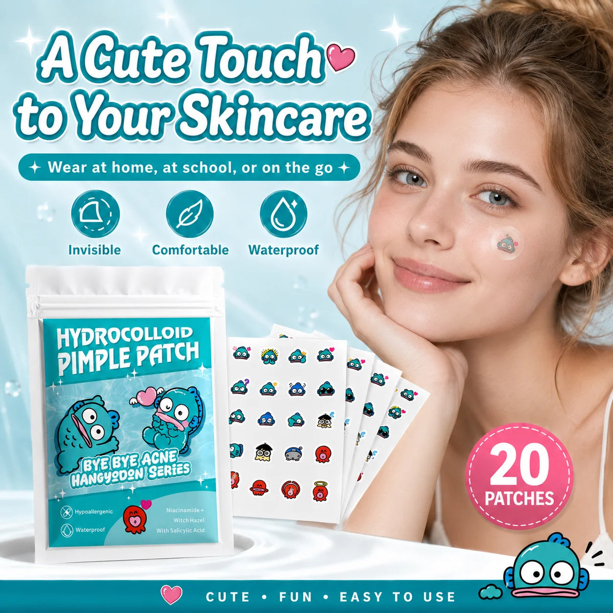 20/100pcsHangyodon Cute Character Pimple Patches Hydrocolloid Acne Spot Cover, Invisible Cartoon Face Care Stickers
