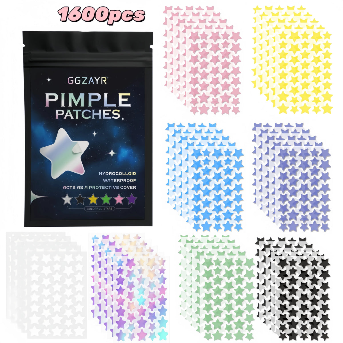 320/1280/1600pcs 8 Color Star Patches, Multi-Size Hydrocolloid Acne Covers for Men Women All Skin Types