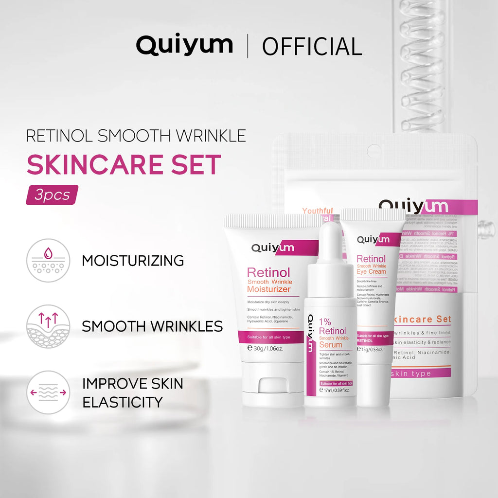 QUIYUM Retinol+Hyaluronic Acid Wrinkle Skincare Set Smooth Wrinkles & Fine Lines Improve Skin Elasticity & Radiance
