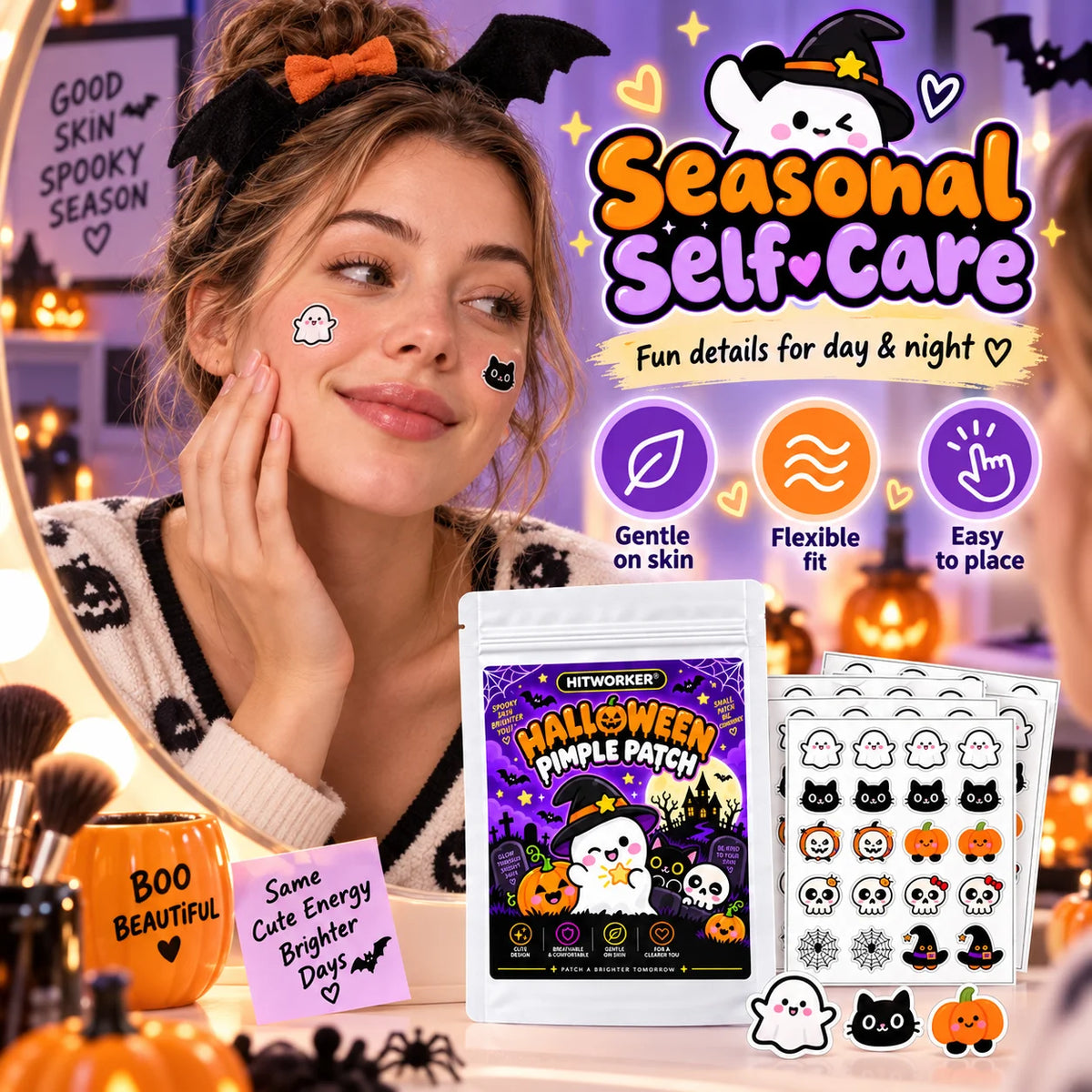 40/160Pcs Halloween Patches, Cute Halloween Shapes Pimple Patches, Hydrocolloid Spot Stickers for Face, Halloween Party Skin Car