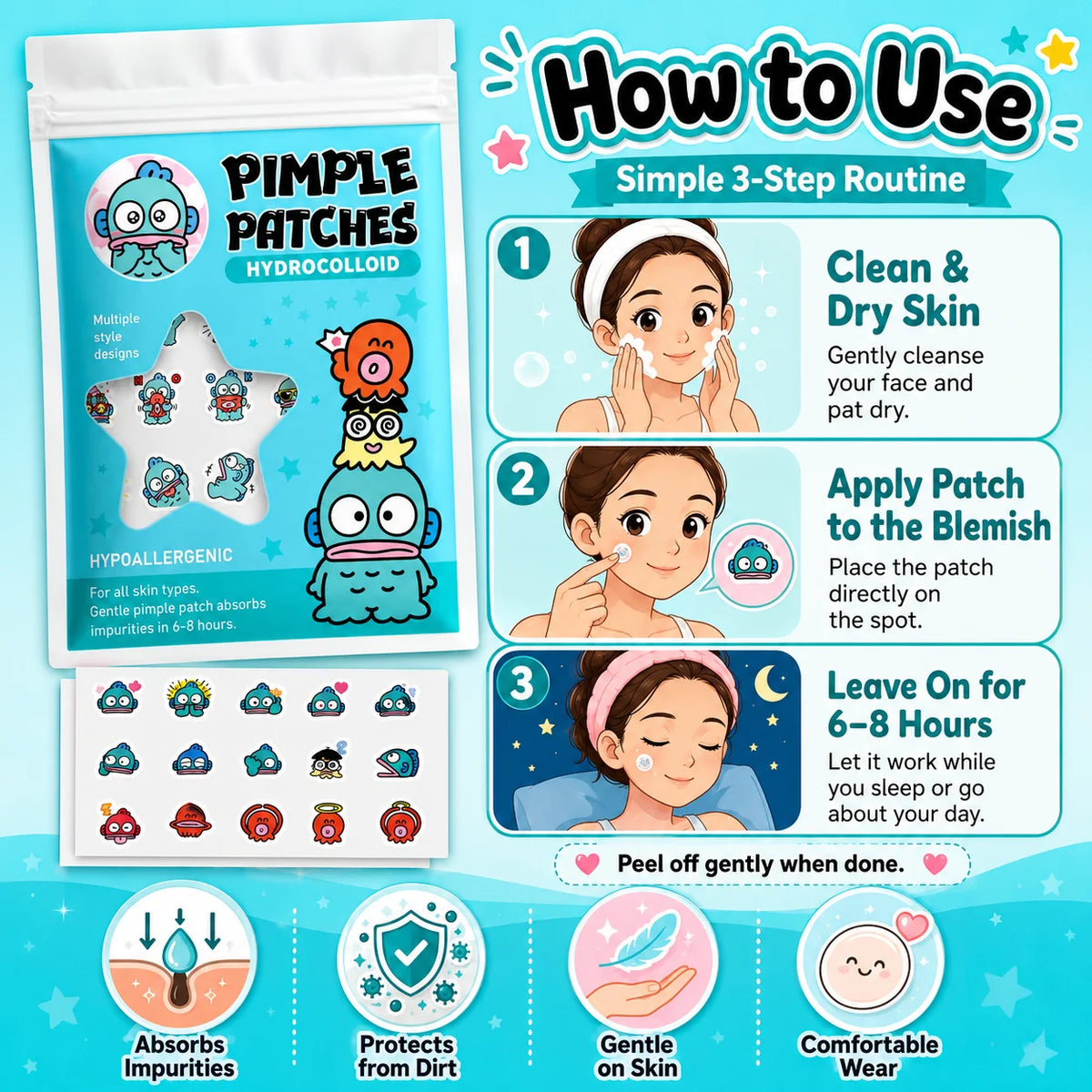 100/20PCS Cute Clownfish Hydrocolloid Pimple Patches, Waterproof Blemish Spot Covers, Gentle Face Stickers, Fun Designs.