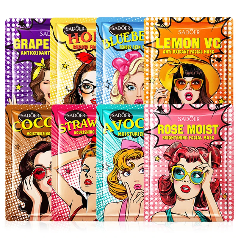 8pcs SADOER Beauty Fruits Facial Masks for Face Moisturizing Brightening Firming Hydrating Face Mask Facial Skin Care Products